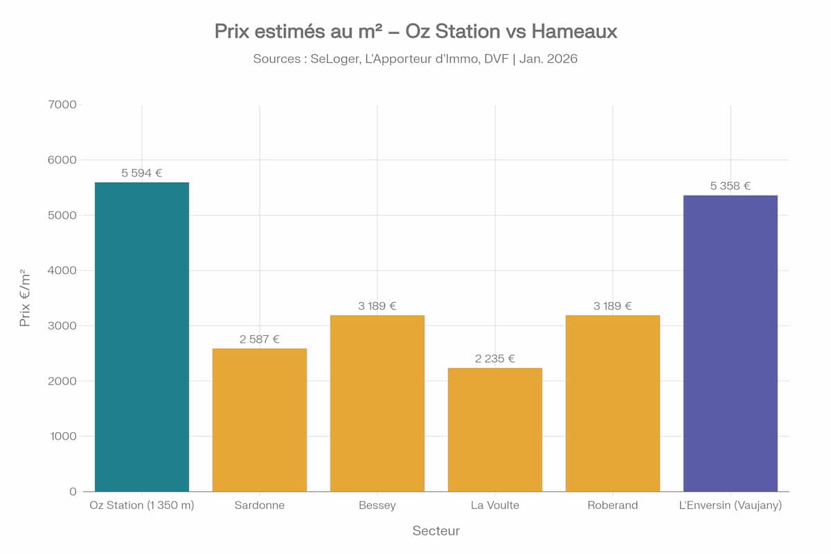 Prix estimés au m² - Oz Station vs Hameaux